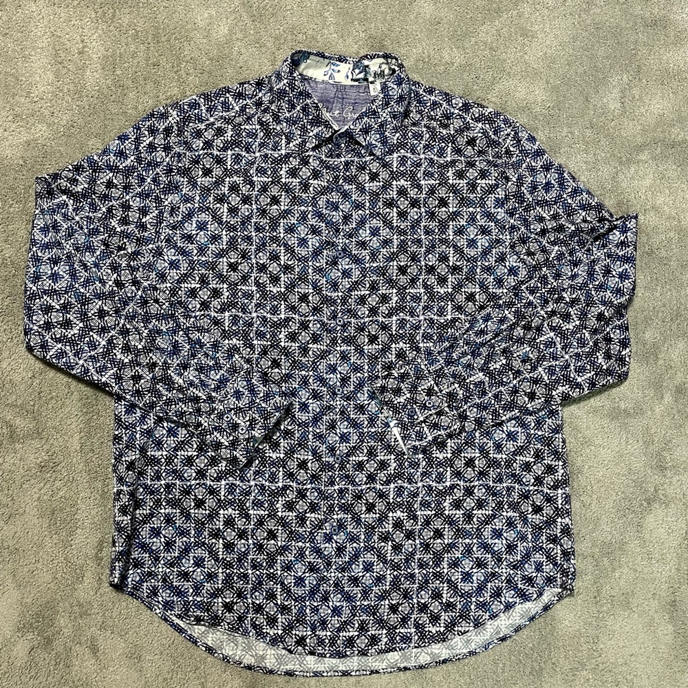 Robert Graham Button Down Shirt Mens XL Blue Geometric Mosaic Golf Preppy